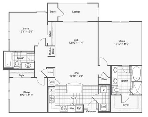 Floor plan for 3 beds, 2 baths, 1362 sqft